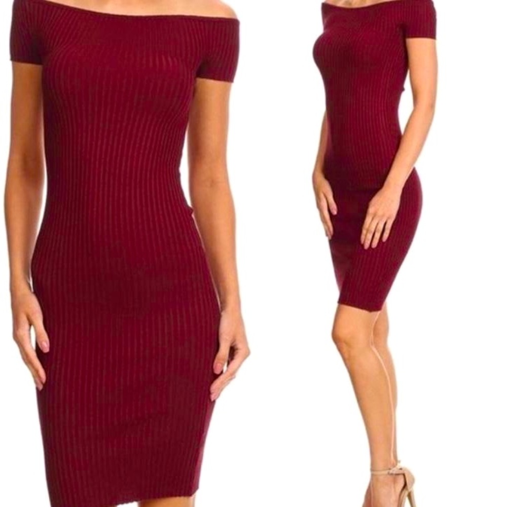 Off the Shoulder Sweater Dress - Wine